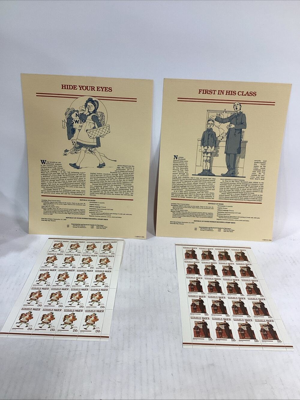 1982 Norman Rockwell Republic Of Niger Hide Your Eyes/First In His Class Stamps